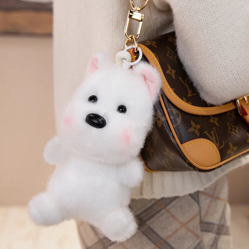 ふわふわの白い子犬ぬいぐるみキーホルダー