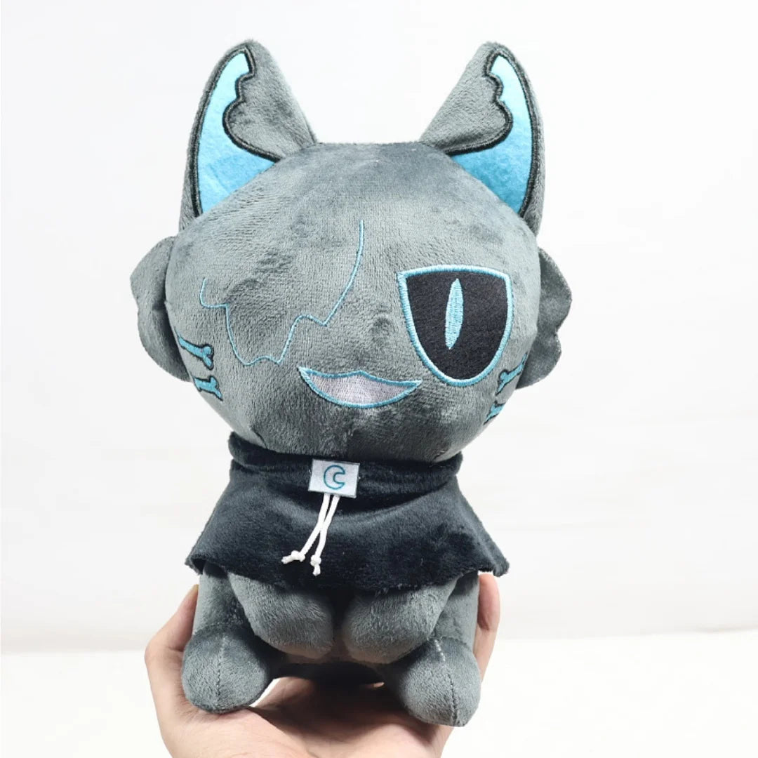 クールなダークグレーのネコぬいぐるみ 水色アイとマント