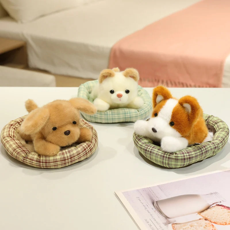 ふわふわ子犬のぬいぐるみ チェック柄ベッド入り