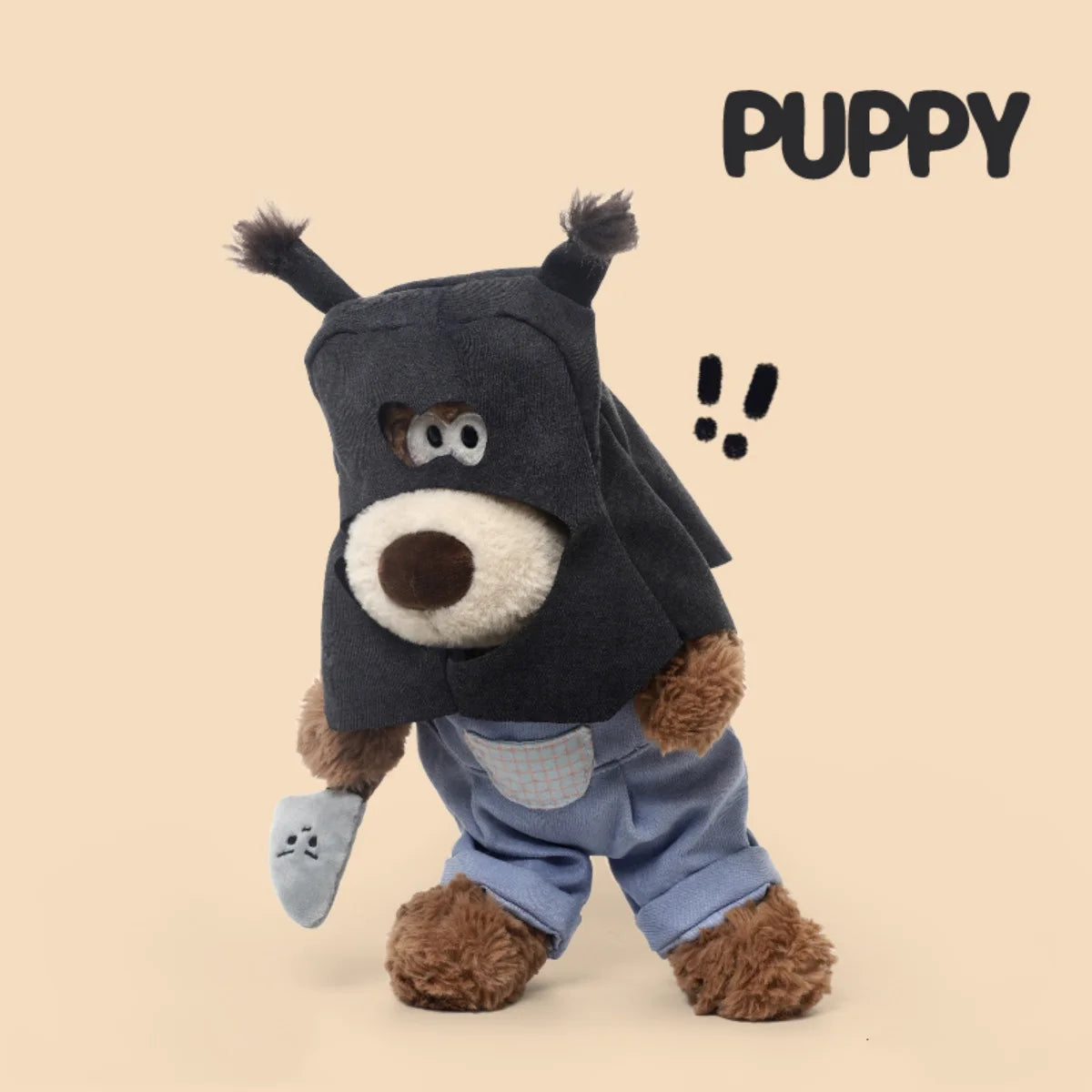 いたずら子犬ぬいぐるみ 黒マスクとデニムのオーバーオール