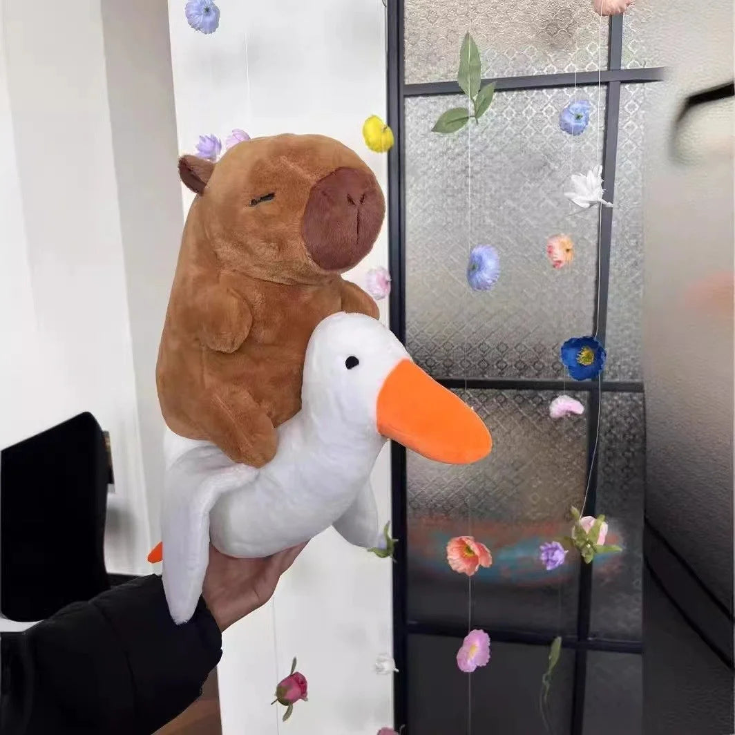 25cm Kawaii Simulation Capybara Plush Toys Kapibala Rides A Goose and A Crocodile Stuffed Animals Toys for Kids Birthday Gifts