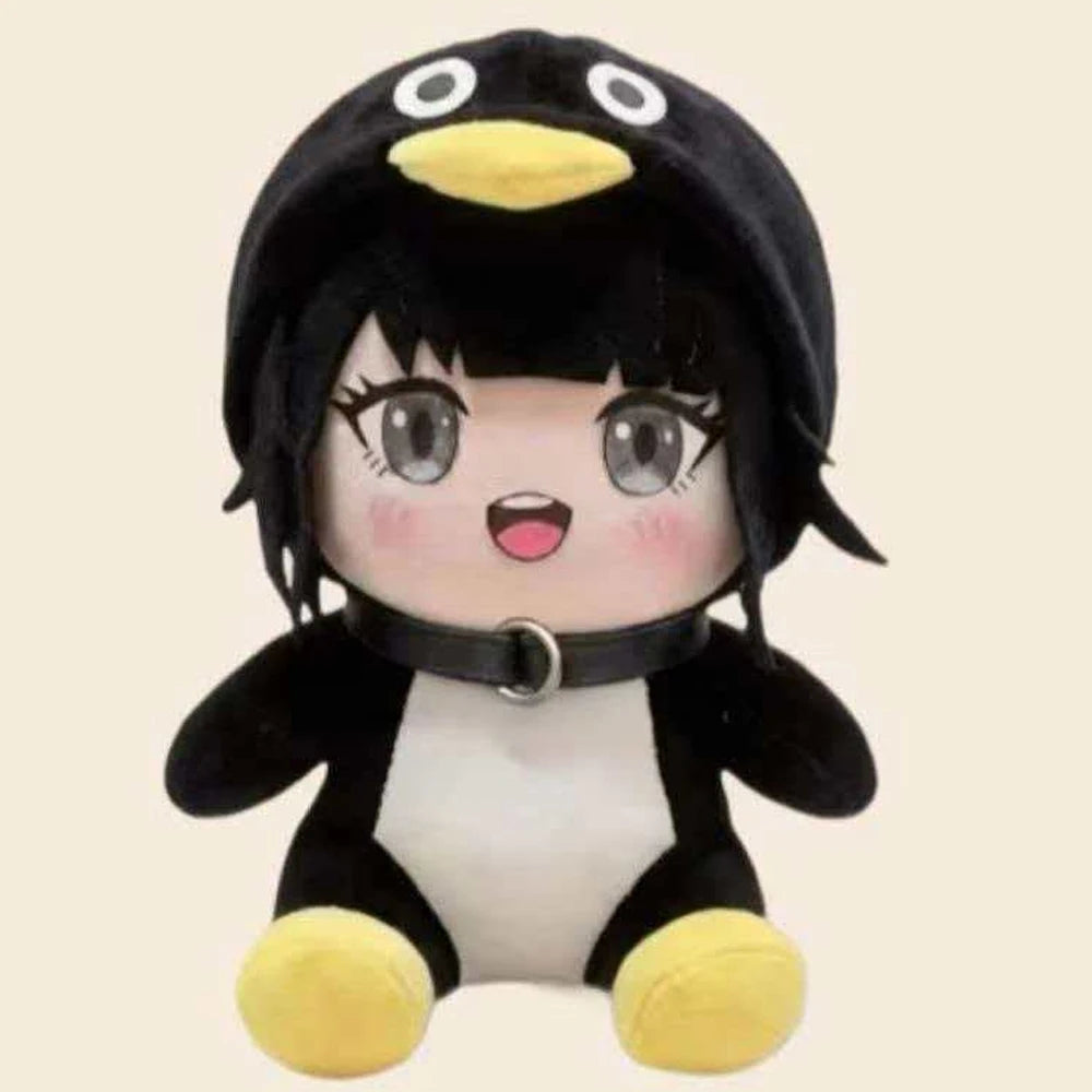 ペンギンパーカーとチョーカー付きアニメ風ぬいぐるみ