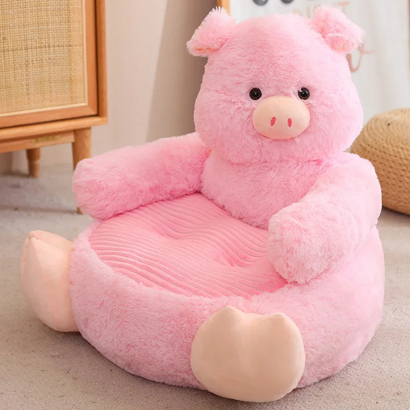 グレーのウサギ ふわふわ ベビーソファ ピンクのリボン付き