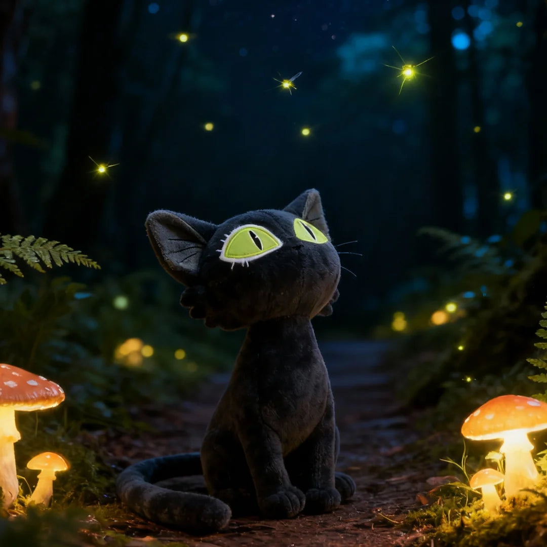 幻想的な緑の瞳の黒猫ぬいぐるみ