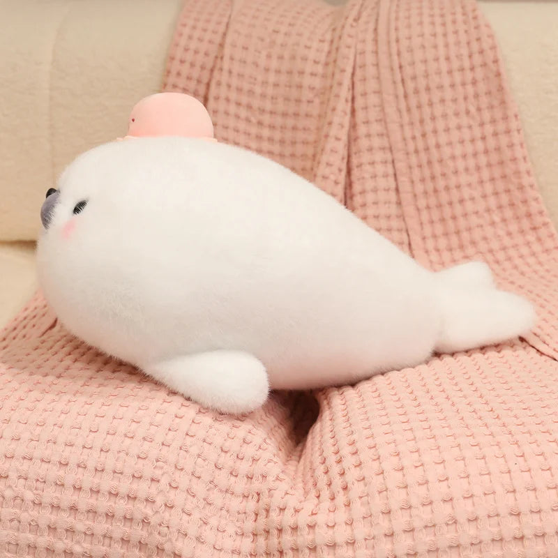 三段重ねのふわふわ白いアザラシぬいぐるみ