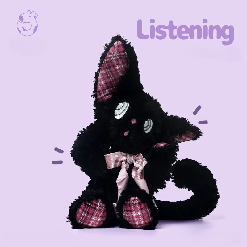 くるくる目の ふわふわ 黒猫 ぬいぐるみ ピンクチェック