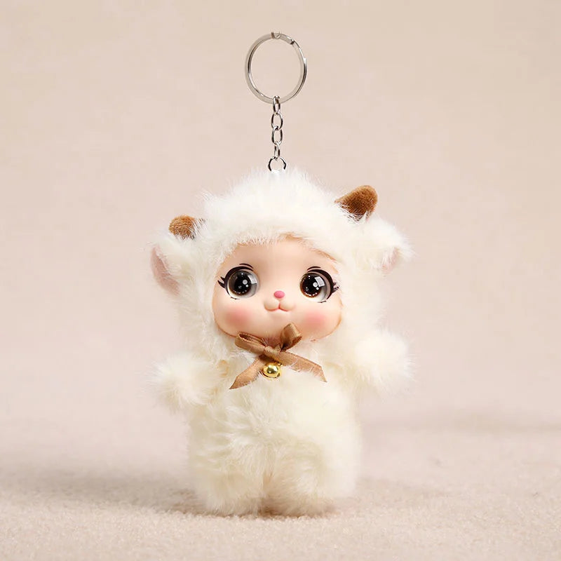 うるうる瞳のふわふわピンクうさぎキーホルダー 鈴付き
