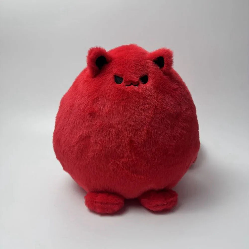 まん丸で赤い いたずら顔のふわふわぬいぐるみ