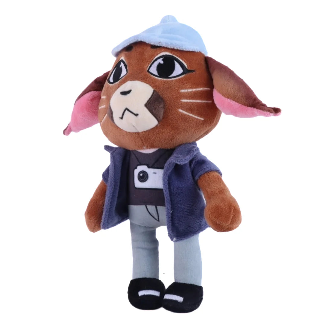 茶色い 猫風 キャラクター ぬいぐるみ 水色キャップとカメラTシャツ