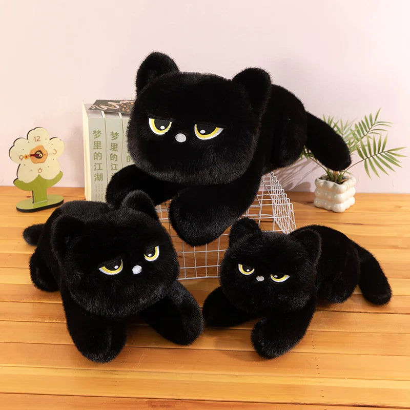 不機嫌な黒猫の寝そべりぬいぐるみ
