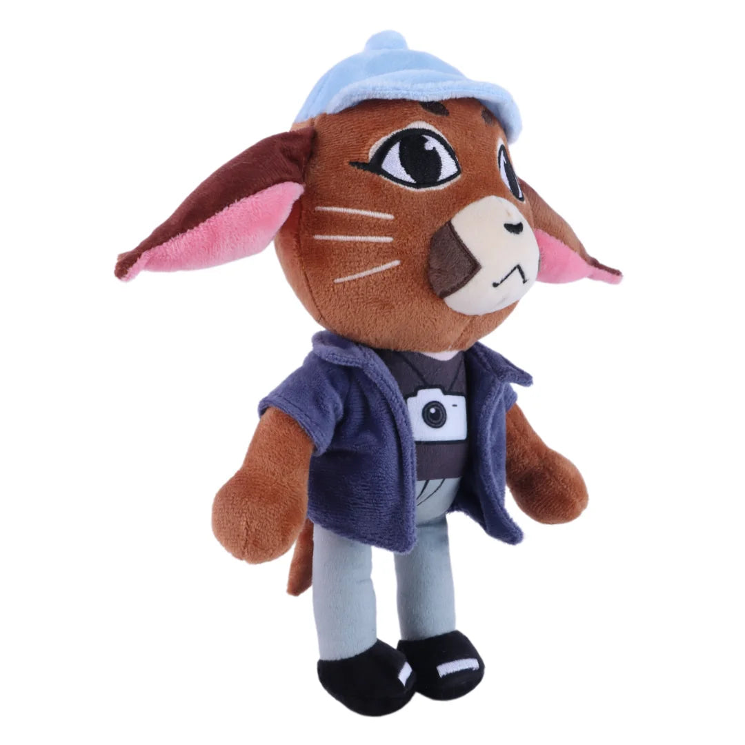 茶色い 猫風 キャラクター ぬいぐるみ 水色キャップとカメラTシャツ