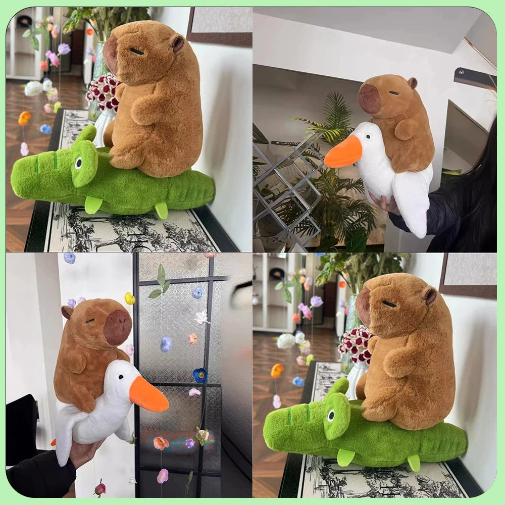 25cm Kawaii Simulation Capybara Plush Toys Kapibala Rides A Goose and A Crocodile Stuffed Animals Toys for Kids Birthday Gifts
