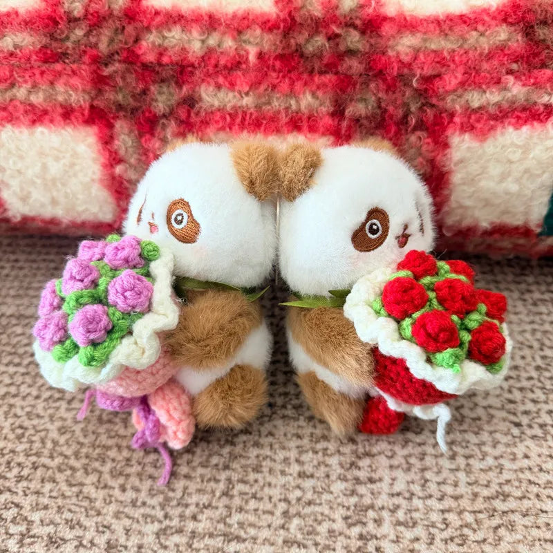 黒白と茶色のパンダ ぬいぐるみキーホルダー かぎ針編み花束