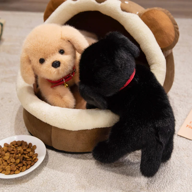 可愛いふわふわ子犬ぬいぐるみ 黒とベージュ 2匹セット 首輪付き