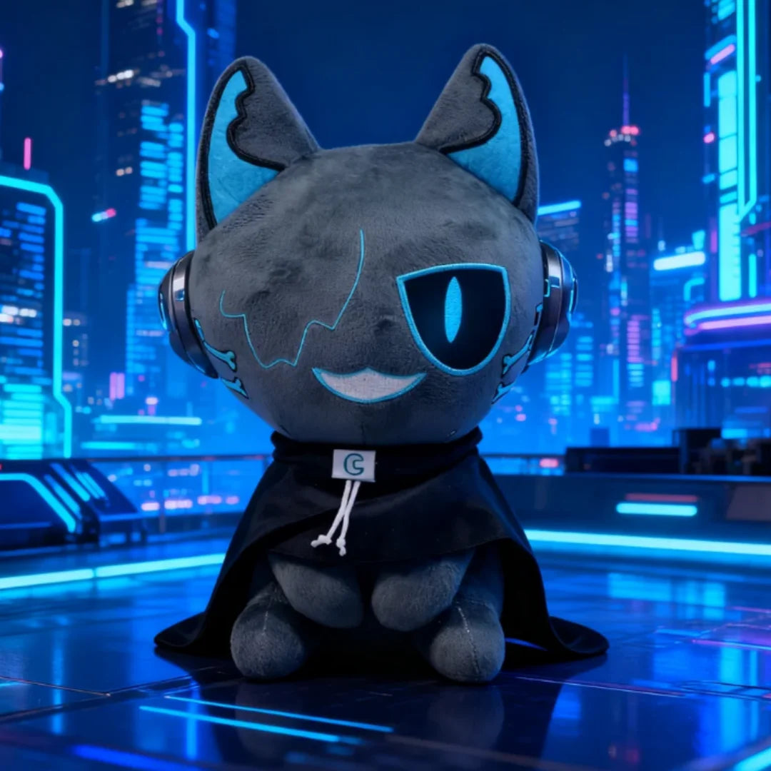 クールなダークグレーのネコぬいぐるみ 水色アイとマント