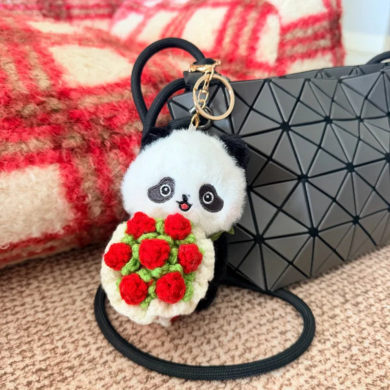 黒白と茶色のパンダ ぬいぐるみキーホルダー かぎ針編み花束