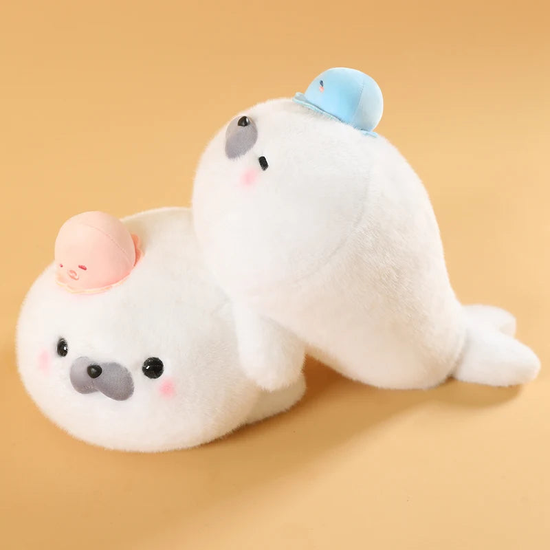 ふわふわ 白い アザラシ 親子 ぬいぐるみ 3段積み ミニタコ付き