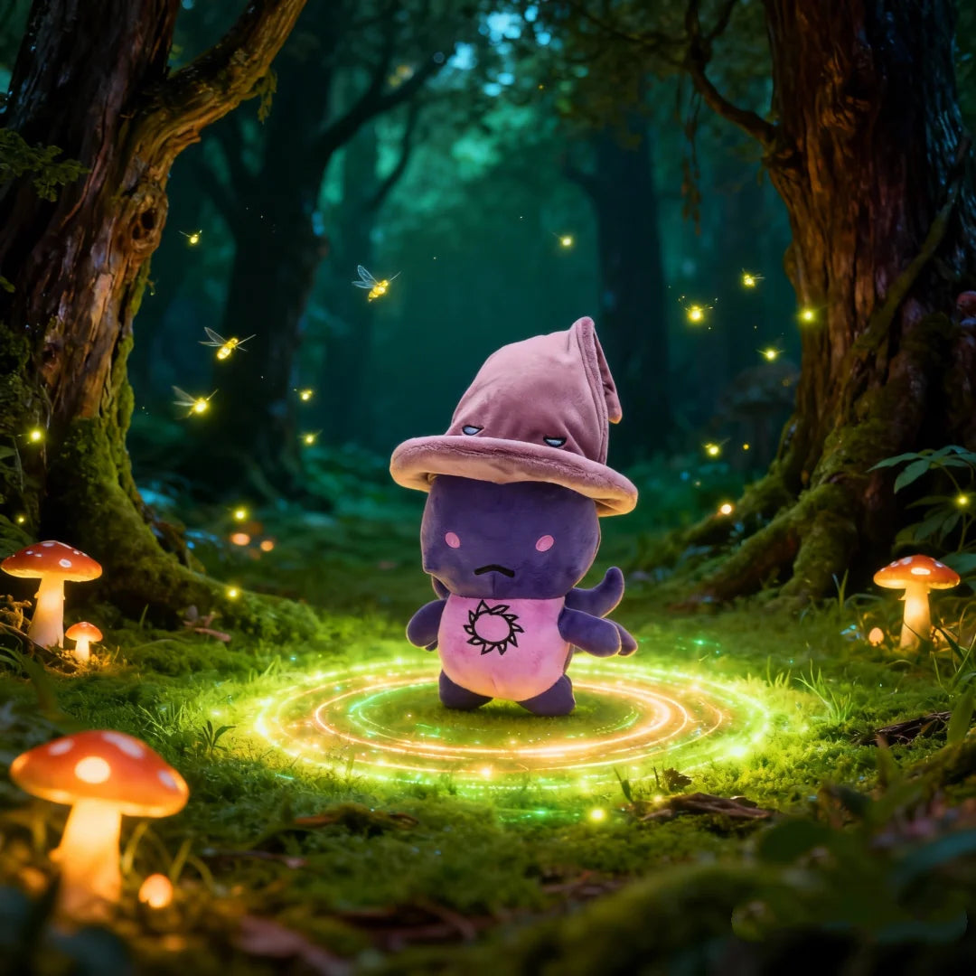 眠たげな 紫の 魔法使い ぬいぐるみ 藤色の 帽子 と 太陽マーク