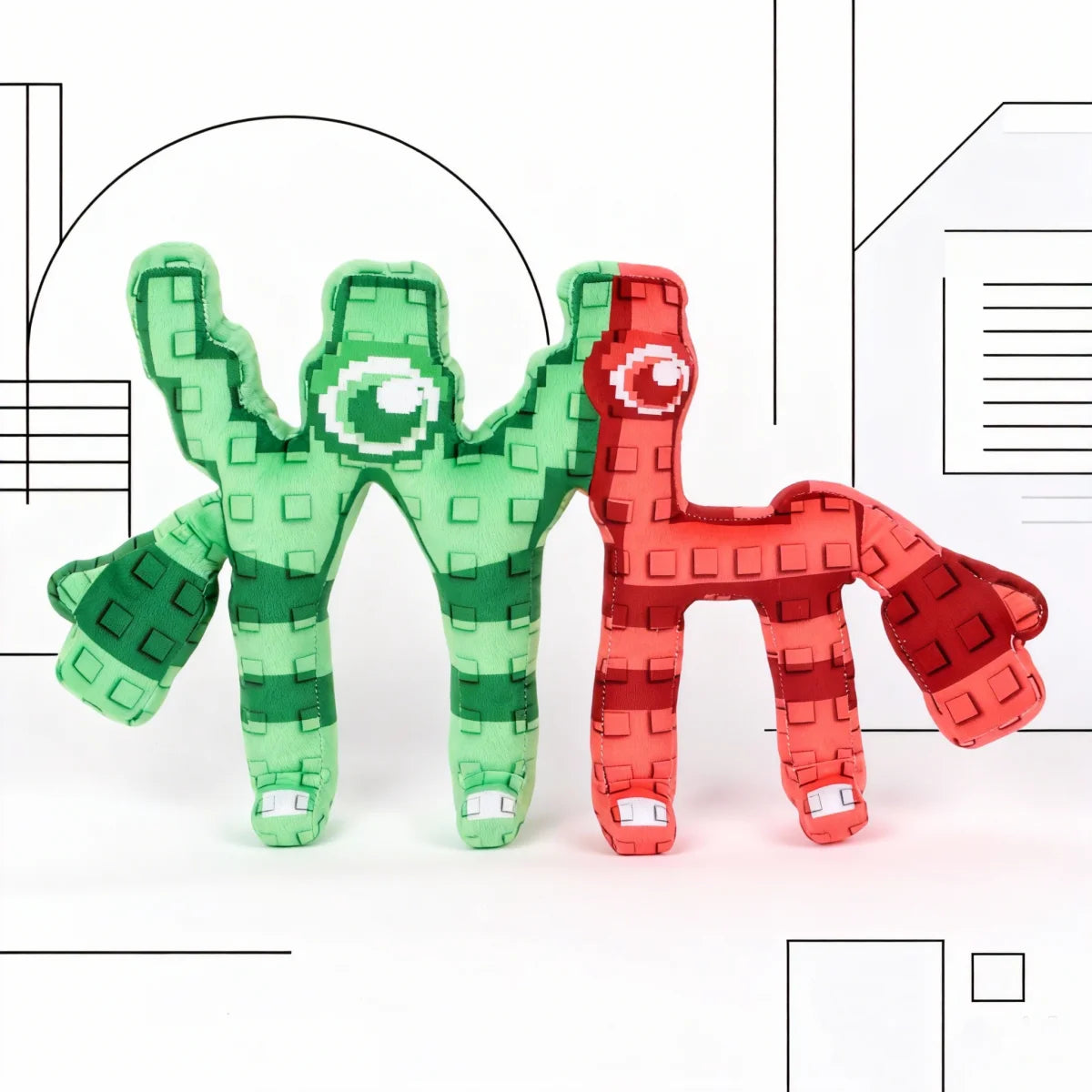 ピクセル ブロック モンスター ぬいぐるみ 緑と赤のセット