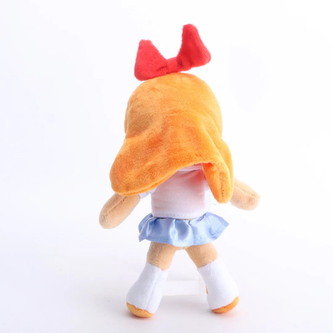 赤いリボンと青い目のオレンジ髪の女の子ぬいぐるみ