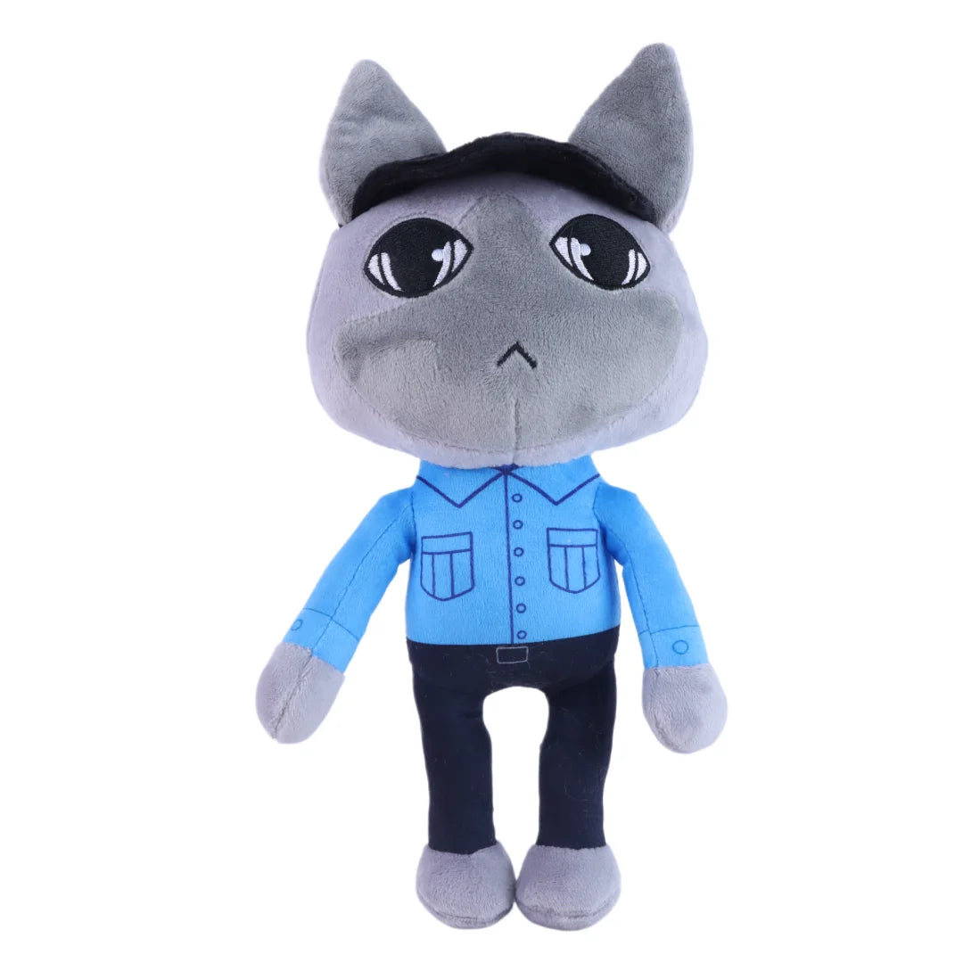 グレー猫の警備員ぬいぐるみ ブルー制服とキャップ