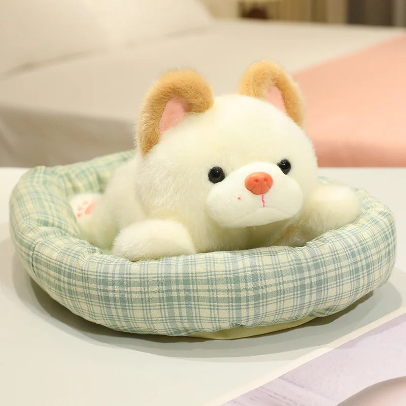 ふわふわ子犬のぬいぐるみ チェック柄ベッド入り