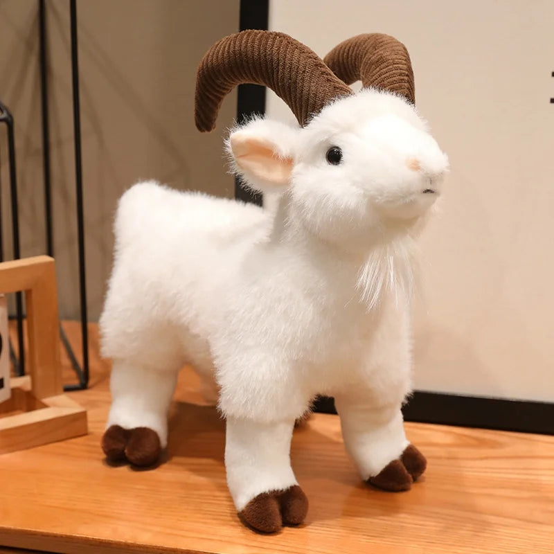 リアルなもこもこコーデュロイ角ヤギのぬいぐるみ 白/茶色