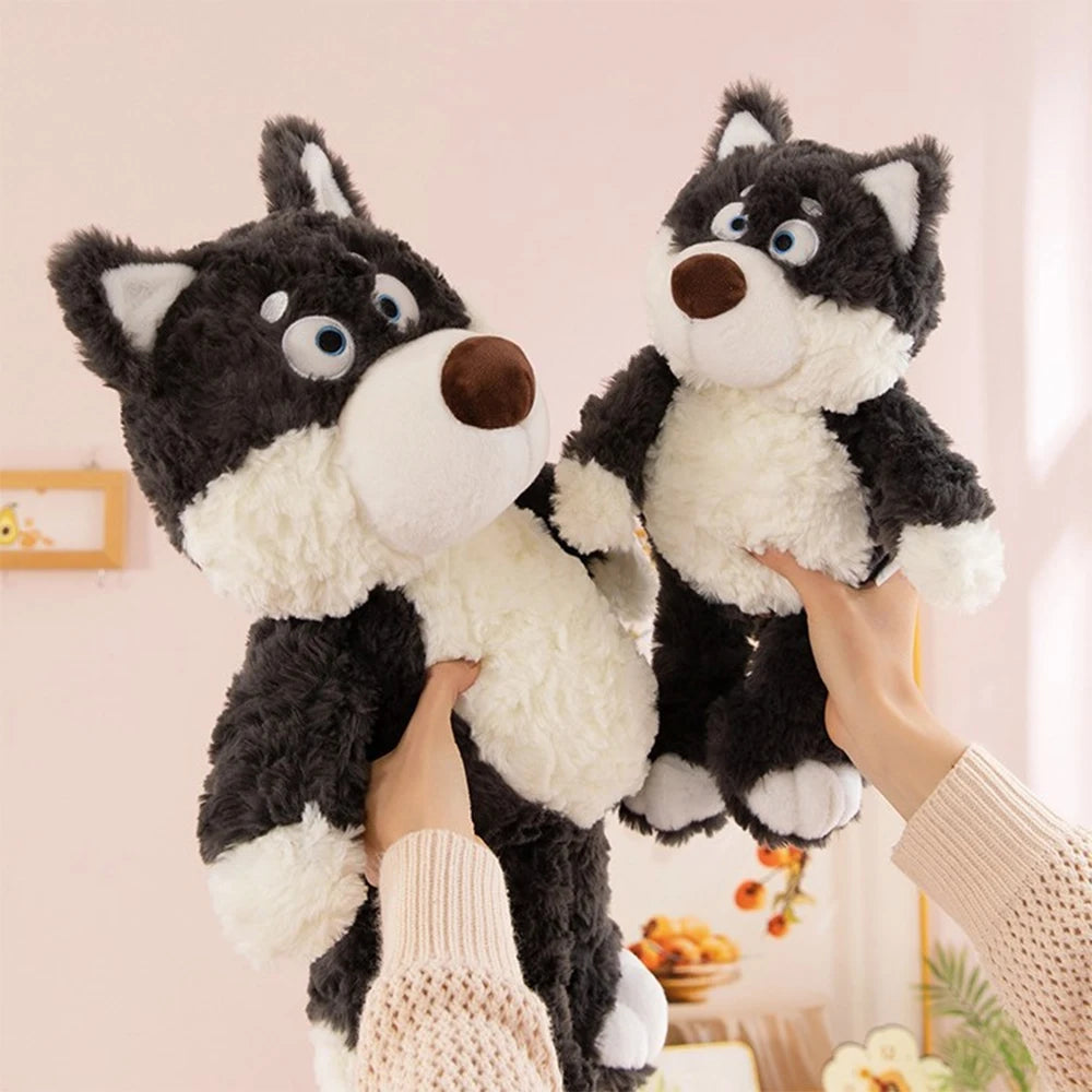 かわいいふわふわ黒白ハスキー犬のぬいぐるみ