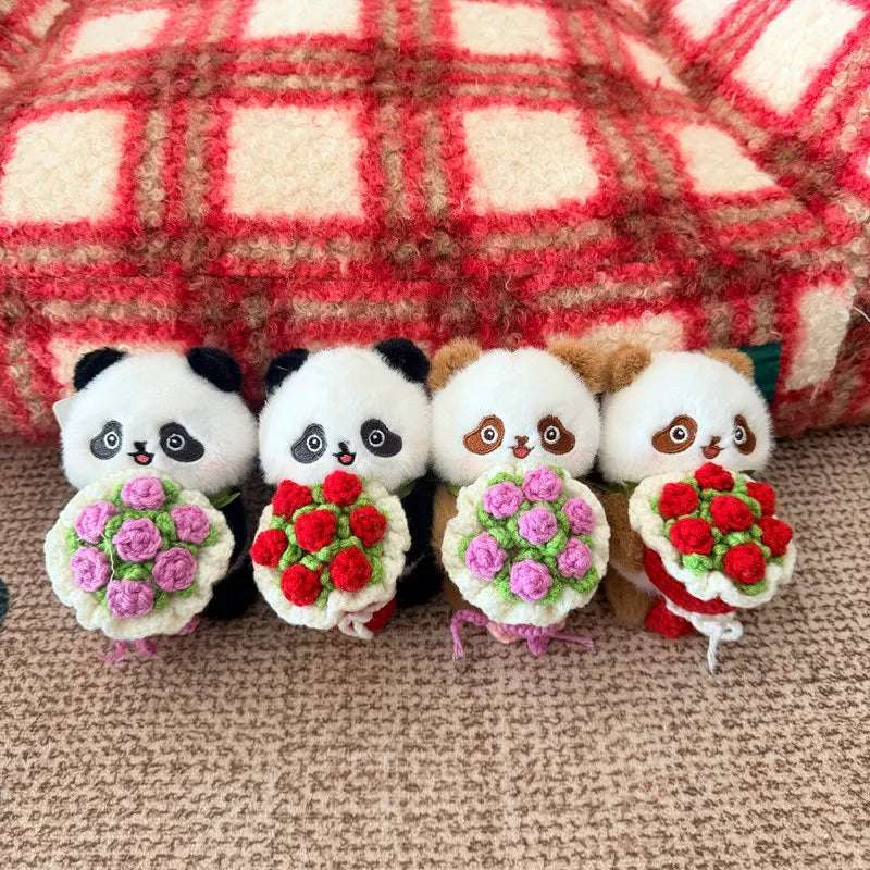 黒白と茶色のパンダ ぬいぐるみキーホルダー かぎ針編み花束
