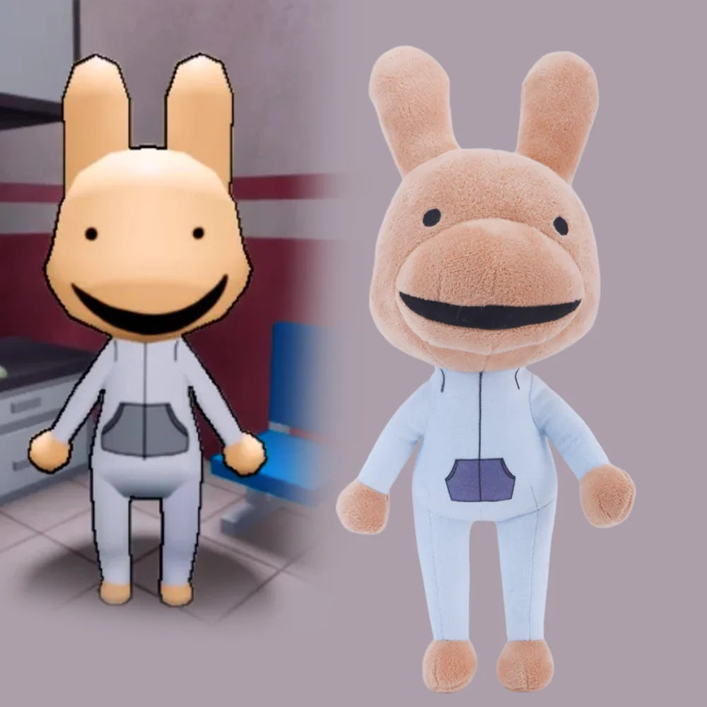 笑顔のうさぎキャラクターぬいぐるみ 水色つなぎ