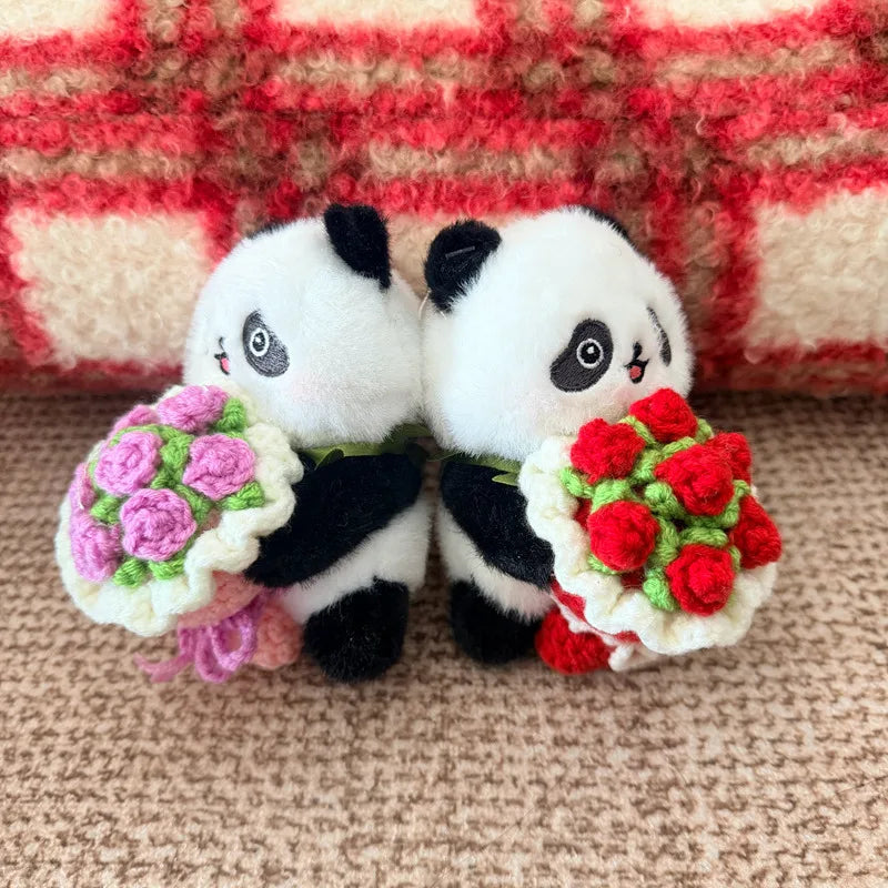 黒白と茶色のパンダ ぬいぐるみキーホルダー かぎ針編み花束
