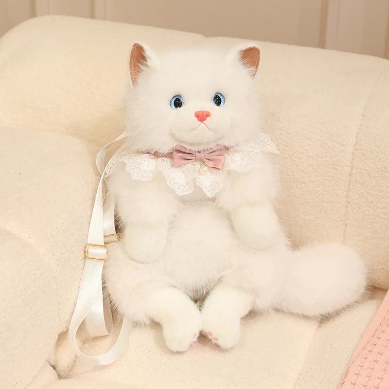 Realistic Puppet Cat Backpack Faux Fur-Cute Soft Animal Backpack with Adjustable Straps for Girls Daily Use School Bags Travel