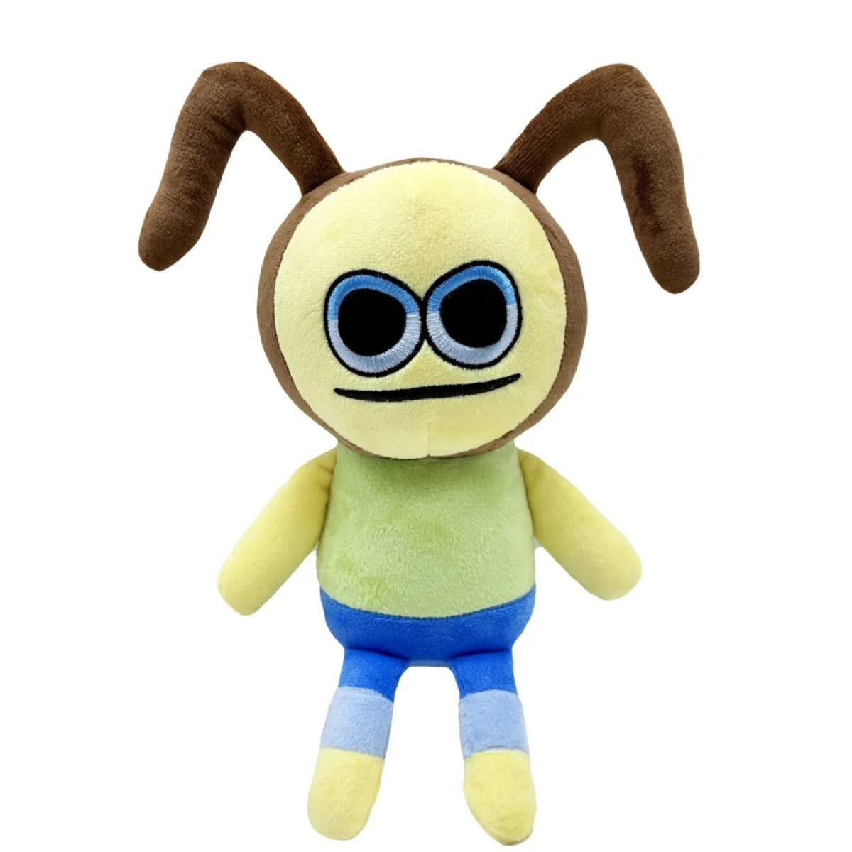 黄色い顔と青い目のユニークなキャラクターぬいぐるみ