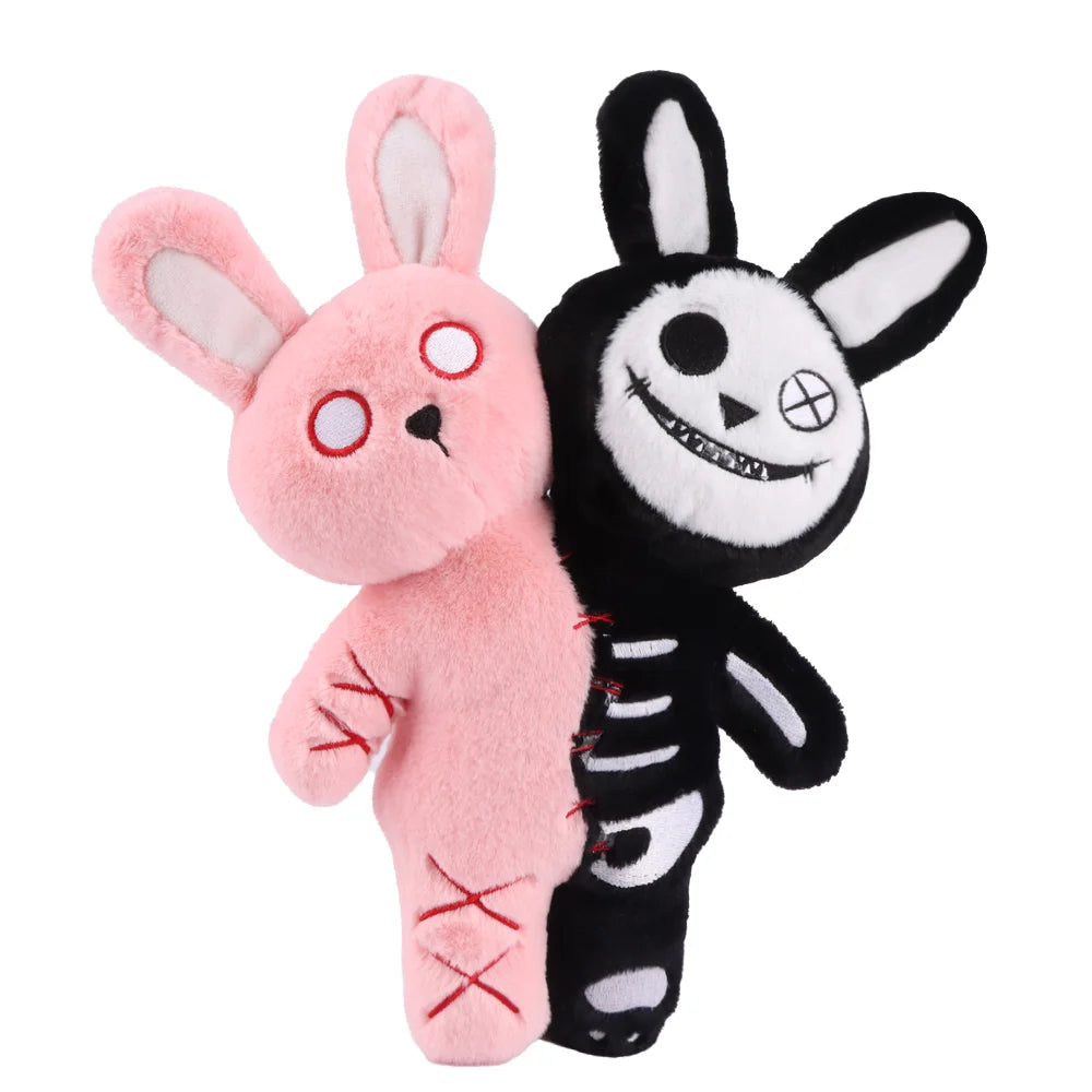 ピンクと黒の赤ステッチ 半分ガイコツうさぎぬいぐるみ