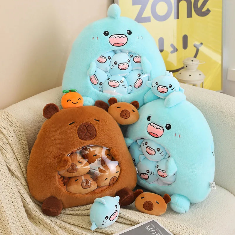 眠そうな茶色いクマのぬいぐるみ お腹にミニくま入り ニンジン付き