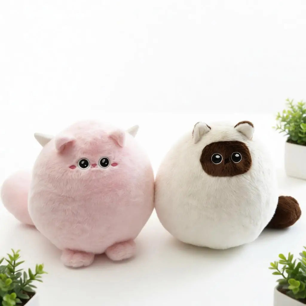 まん丸で赤い いたずら顔のふわふわぬいぐるみ