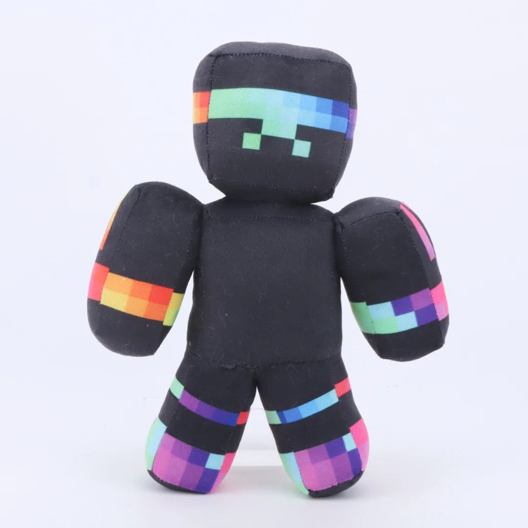 ぬいぐるみ レインボーピクセル柄の黒いブロックキャラクター