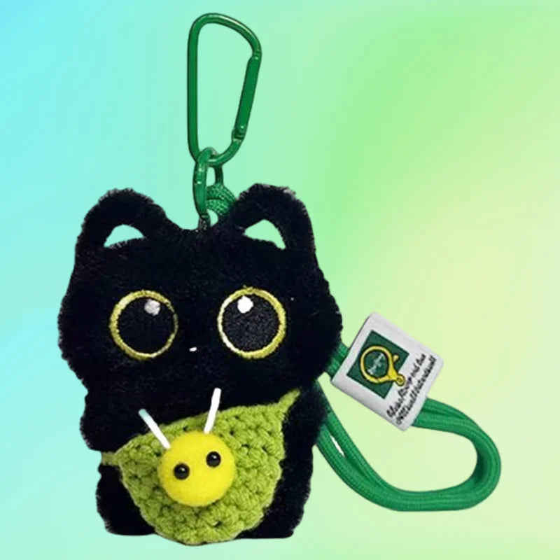 大きな目の黒猫 ぬいぐるみキーホルダー かぎ針編みスタイ ニコちゃん付き