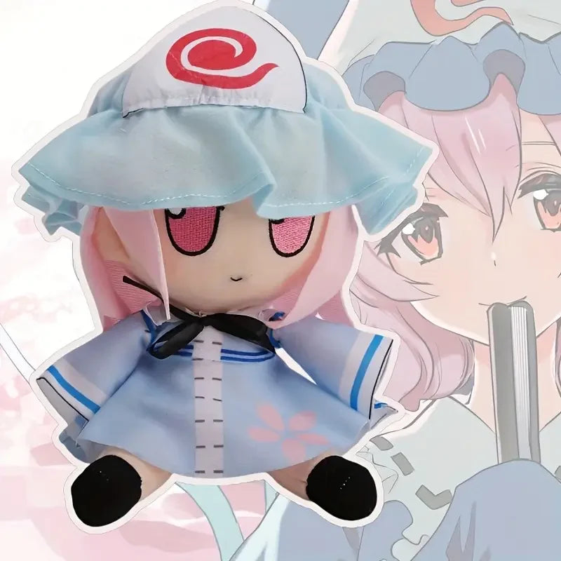 水色のフリル帽子と桜模様ドレスのデフォルメぬいぐるみ