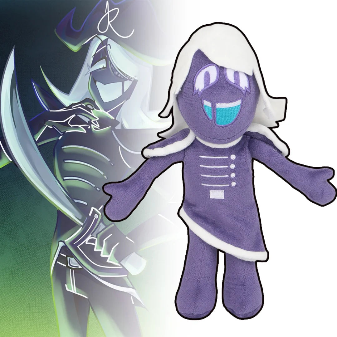 白い髪と水色の口が特徴の紫のキャラクターぬいぐるみ
