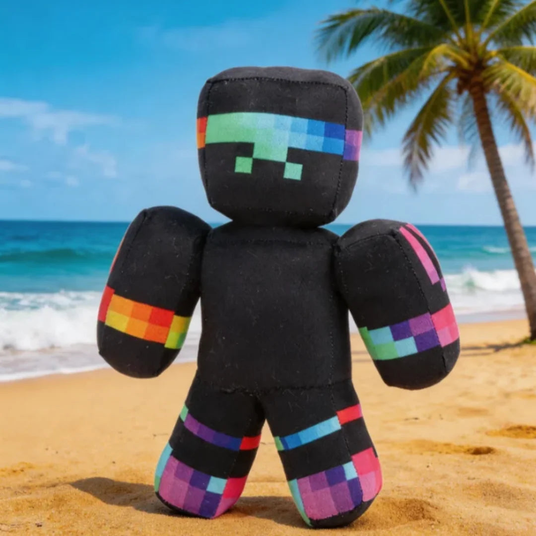 ぬいぐるみ レインボーピクセル柄の黒いブロックキャラクター