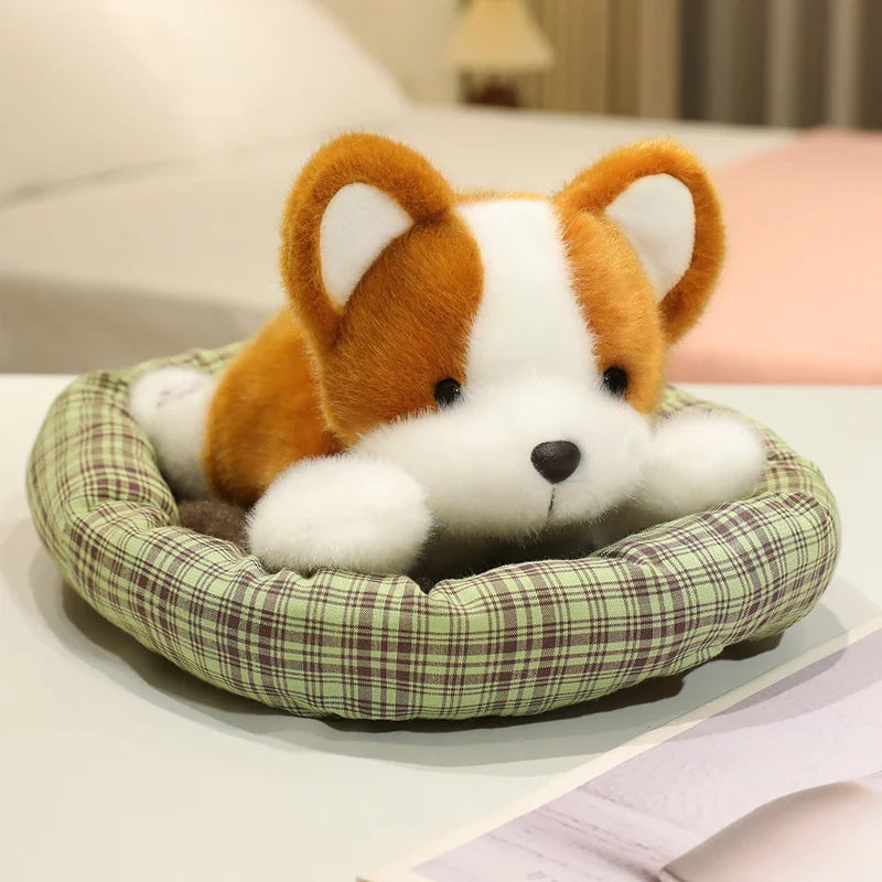 ふわふわ子犬のぬいぐるみ チェック柄ベッド入り