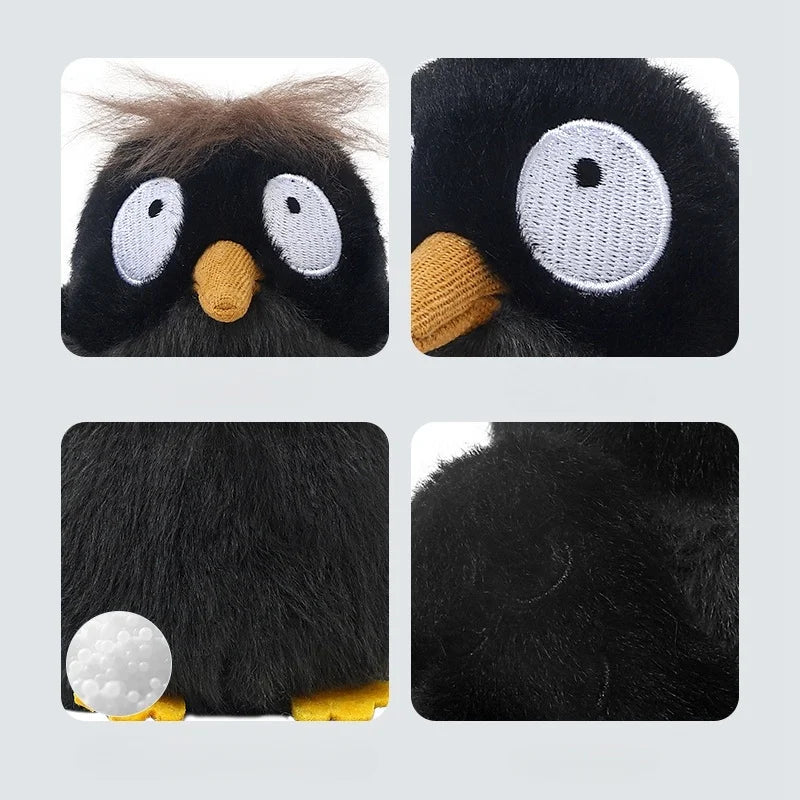 もじゃ毛のまんまる鳥ぬいぐるみ つぶらな瞳 黒×グレー