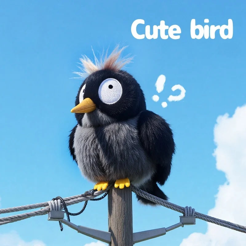 もじゃ毛のまんまる鳥ぬいぐるみ つぶらな瞳 黒×グレー
