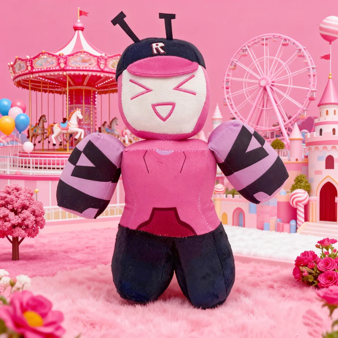 ピンクのロボットぬいぐるみ Rロゴキャップ＆アンテナ付き