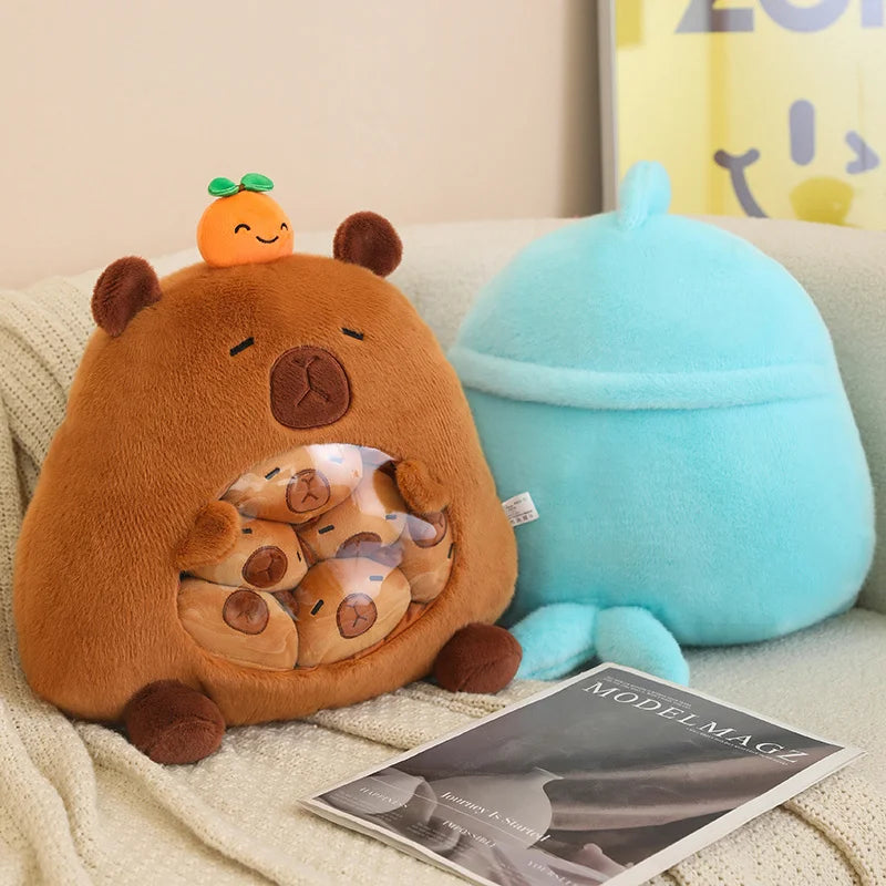 眠そうな茶色いクマのぬいぐるみ お腹にミニくま入り ニンジン付き