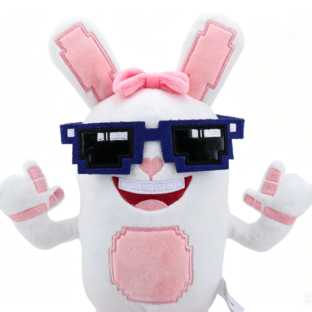 ピクセルサングラスの 白うさぎ ぬいぐるみ ピンクのリボンとスリッパ