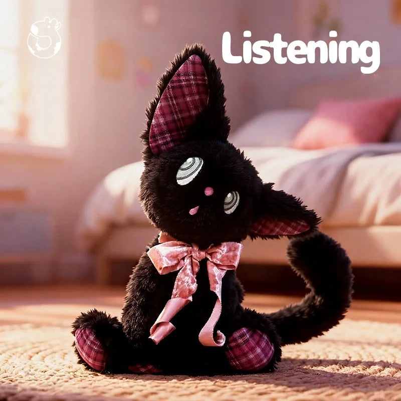 くるくる目の ふわふわ 黒猫 ぬいぐるみ ピンクチェック