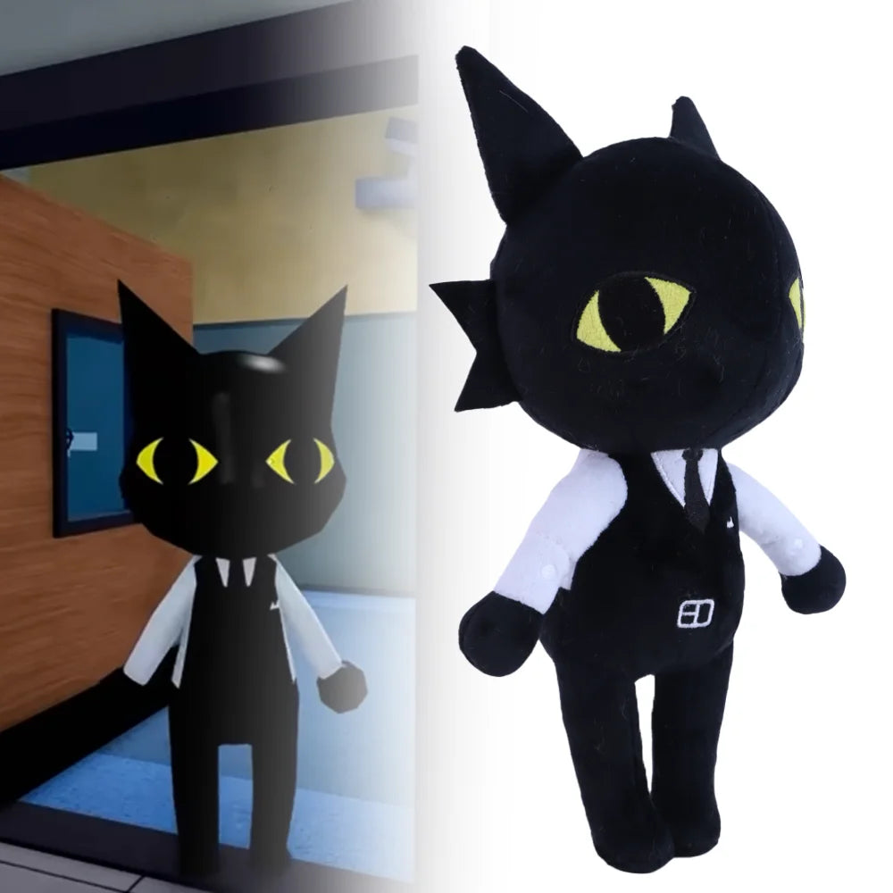 「ED」ロゴ入り 尖った耳の 黄色い目の ダンディな 黒猫風 キャラクター ぬいぐるみ