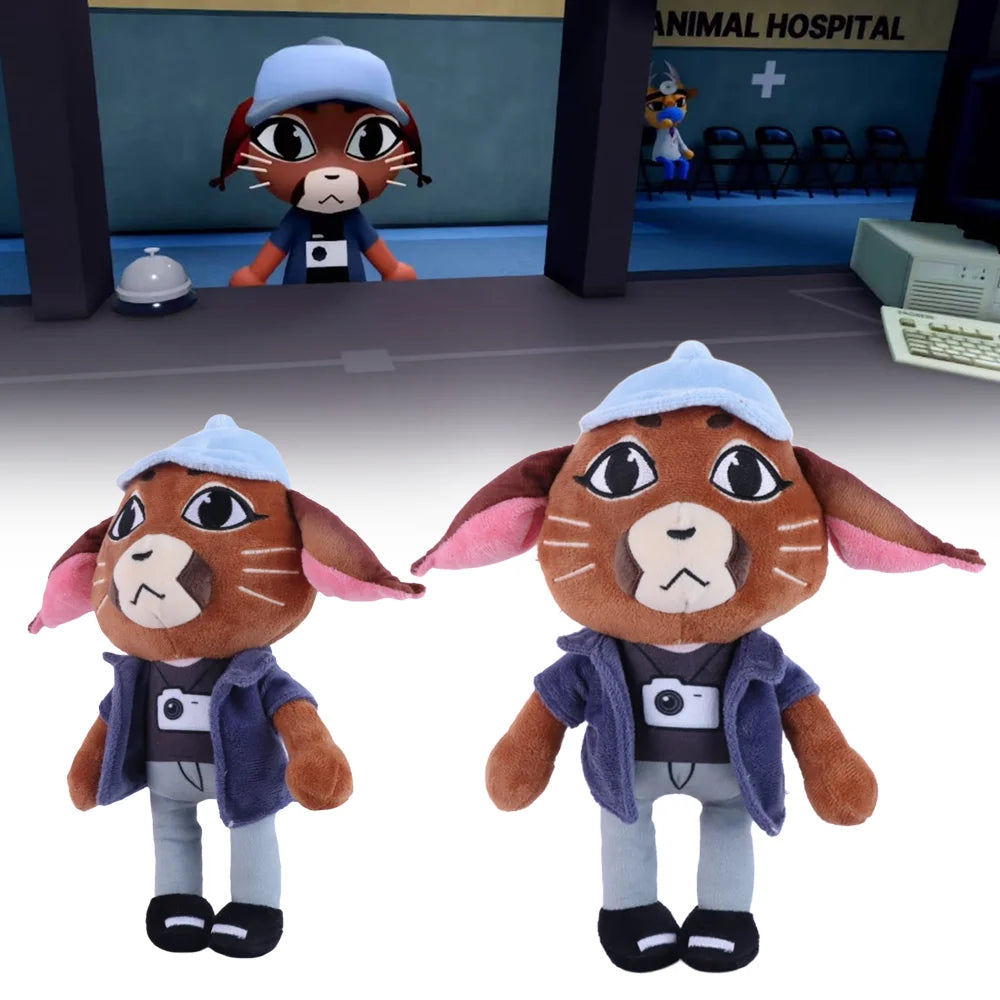 茶色い 猫風 キャラクター ぬいぐるみ 水色キャップとカメラTシャツ